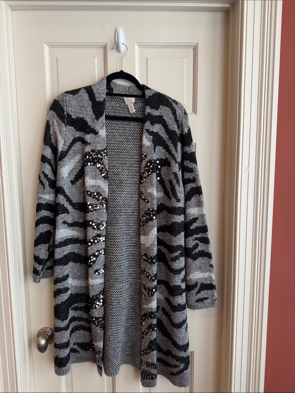 Chico's Gray and Black Sequin-Trim Open Cardigan Coat